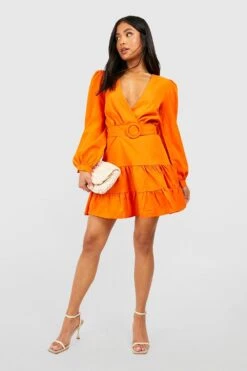BOOHOO Petite - Robe Portefeuille Patineuse à Manches Larges -BOOHO Kleidung Magasin gzz42910 orange xl 2
