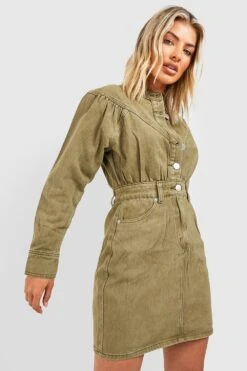 Robe Courte Boutonnée En Jean à Col Montant -BOOHO Kleidung Magasin gzz43012 khaki xl 2