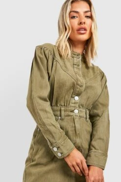 Robe Courte Boutonnée En Jean à Col Montant -BOOHO Kleidung Magasin gzz43012 khaki xl 3