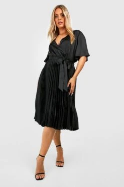 Grande Taille - Robe Patineuse Plissée Satinée à Manches Larges