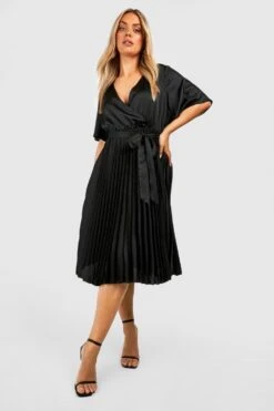 Grande Taille - Robe Patineuse Plissée Satinée à Manches Larges -BOOHO Kleidung Magasin gzz43951 black xl 2