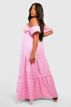 Grande Taille - Robe Longue à Imprimé Vichy Et Col Bateau 7 Grande Taille - Robe Longue à Imprimé Vichy Et Col Bateau -BOOHO Kleidung Magasin gzz43956 pink xl 1