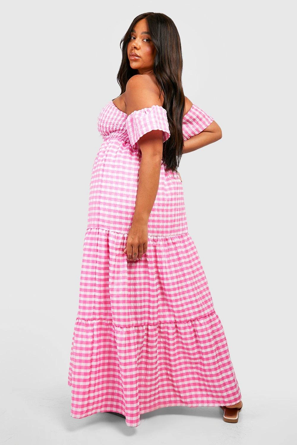 Grande Taille - Robe Longue à Imprimé Vichy Et Col Bateau 4 Grande Taille - Robe Longue à Imprimé Vichy Et Col Bateau – Image 2