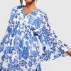 Grande Taille - Robe Babydoll Fleurie à Manches Larges -BOOHO Kleidung Magasin gzz44035 blue xl