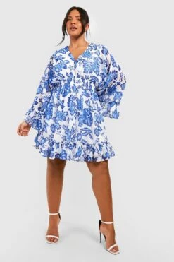 Grande Taille - Robe Babydoll Fleurie à Manches Larges -BOOHO Kleidung Magasin gzz44035 blue xl 2