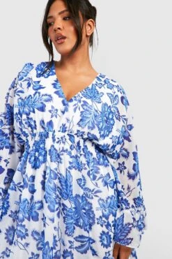 Grande Taille - Robe Babydoll Fleurie à Manches Larges -BOOHO Kleidung Magasin gzz44035 blue xl 3