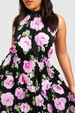 Grande Taille - Robe Plissée Fleurie Dos Nu à Volants -BOOHO Kleidung Magasin gzz44125 black xl 3