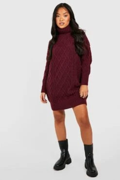 Petite - Robe Pull En Maille Torsadée à Col Roulé -BOOHO Kleidung Magasin gzz45848 berry xl 2