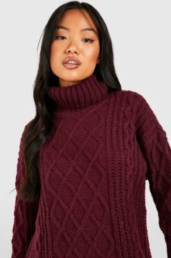 Petite - Robe Pull En Maille Torsadée à Col Roulé -BOOHO Kleidung Magasin gzz45848 berry xl 3