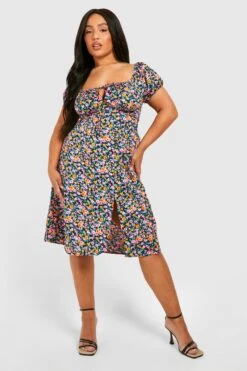 BOOHOO Grande Taille - Robe Mi-longue Fleurie Fendue à Manches Bouffantes -BOOHO Kleidung Magasin gzz46236 black xl 2