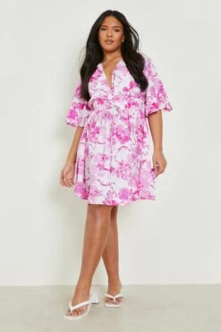 Grande Taille - Robe Patineuse à Imprimé Porcelaine Et Lacets -BOOHO Kleidung Magasin gzz46242 pink xl 2