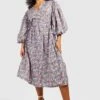 Grande Taille - Robe Mi-longue Fleurie à Manches Bouffantes -BOOHO Kleidung Magasin gzz46254 purple xl