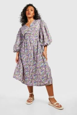 Grande Taille - Robe Mi-longue Fleurie à Manches Bouffantes