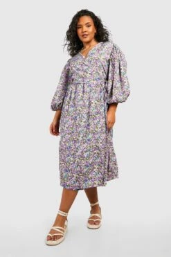 Grande Taille - Robe Mi-longue Fleurie à Manches Bouffantes -BOOHO Kleidung Magasin gzz46254 purple xl 2