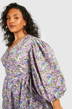 Grande Taille - Robe Mi-longue Fleurie à Manches Bouffantes -BOOHO Kleidung Magasin gzz46254 purple xl 3