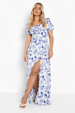 Grande Taille - Robe Longue Froncée à Imprimé Porcelaine -BOOHO Kleidung Magasin gzz46263 blue xl 2