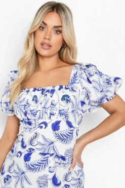 Grande Taille - Robe Longue Froncée à Imprimé Porcelaine -BOOHO Kleidung Magasin gzz46263 blue xl 3