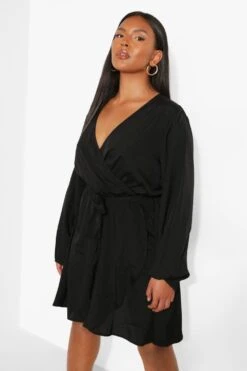 Grande Taille - Robe Cache-cœur à Volants Et Manches Longues 8 Grande Taille - Robe Cache-cœur à Volants Et Manches Longues -BOOHO Kleidung Magasin gzz46282 black xl 2