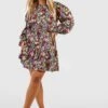 Grande Taille - Robe Patineuse Fleurie à Manches Bouffantes -BOOHO Kleidung Magasin gzz46296 berry xl