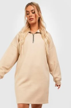 Grande Taille - Robe Sweat Basique à Col Zippé -BOOHO Kleidung Magasin gzz46469 stone xl 2