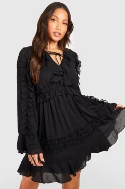Tall - Robe Babydoll Texturée Nouée à Volants -BOOHO Kleidung Magasin gzz46577 black xl 2