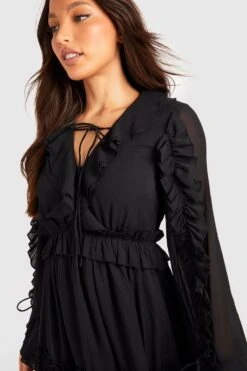 Tall - Robe Babydoll Texturée Nouée à Volants -BOOHO Kleidung Magasin gzz46577 black xl 3