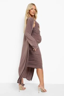 Maternité - Ensemble De Grossesse Avec Robe à Col Bénitier Et Cardigan à Ceinture -BOOHO Kleidung Magasin gzz46603 mocha xl 1