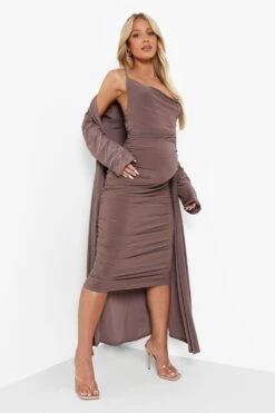 Maternité - Ensemble De Grossesse Avec Robe à Col Bénitier Et Cardigan à Ceinture -BOOHO Kleidung Magasin gzz46603 mocha xl 2