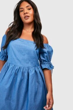 Grande Taille - Robe Effet Denim à Smocks Et Manches Bouffantes -BOOHO Kleidung Magasin gzz46827 denim blue xl 3