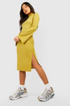 Petite - Robe Côtelée à Col Montant Et Manches évasées