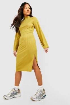 Petite - Robe Côtelée à Col Montant Et Manches évasées -BOOHO Kleidung Magasin gzz46989 olive xl 2