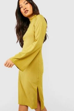 Petite - Robe Côtelée à Col Montant Et Manches évasées -BOOHO Kleidung Magasin gzz46989 olive xl 3