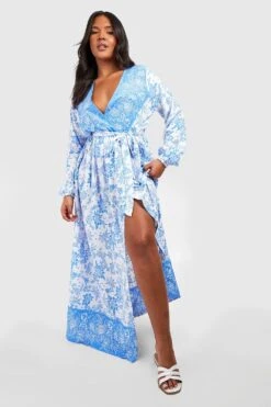 Grande Taille - Robe Longue Cache-cœur Ceinturée Imprimé Porcelaine -BOOHO Kleidung Magasin gzz47064 blue xl 2