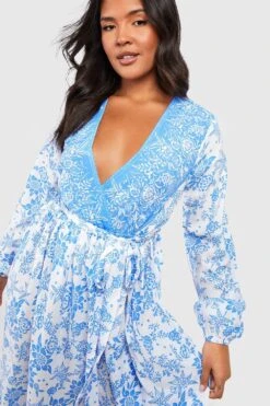 Grande Taille - Robe Longue Cache-cœur Ceinturée Imprimé Porcelaine -BOOHO Kleidung Magasin gzz47064 blue xl 3