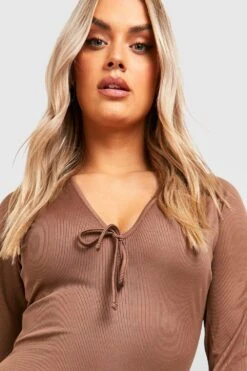 Grande Taille - Robe Mi-longue Côtelée à Manches évasées 9 Grande Taille - Robe Mi-longue Côtelée à Manches évasées -BOOHO Kleidung Magasin gzz47066 chocolate xl 3