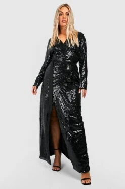 Grande Taille - Robe Portefeuille Longue à Paillettes