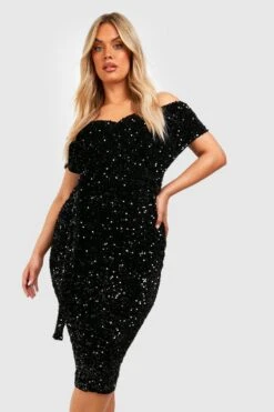 Grande Taille - Robe Portefeuille Pailletée à épaules Dénudées 8 Grande Taille - Robe Portefeuille Pailletée à épaules Dénudées -BOOHO Kleidung Magasin gzz47112 black xl 2
