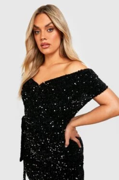 Grande Taille - Robe Portefeuille Pailletée à épaules Dénudées 9 Grande Taille - Robe Portefeuille Pailletée à épaules Dénudées -BOOHO Kleidung Magasin gzz47112 black xl 3