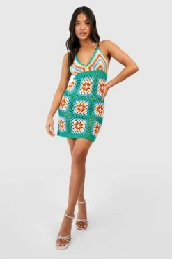 Petite - Robe Courte Premium En Crochet Patchwork -BOOHO Kleidung Magasin gzz47128 green xl 2