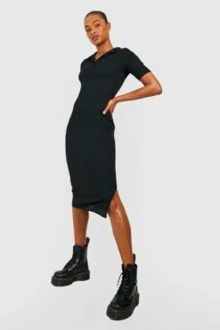 Tall - Robe Mi-longue Côtelée Fendue -BOOHO Kleidung Magasin gzz47280 black xl 2