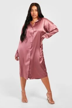 Grande Taille - Robe Chemise Mi-longue Satinée -BOOHO Kleidung Magasin gzz47334 rose xl 2