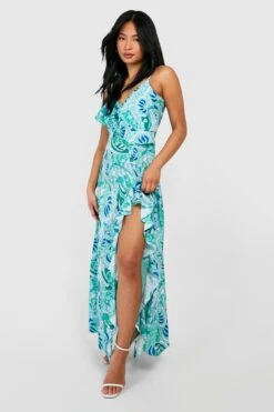 Petite - Robe Longue Croisée Volantée à Imprimé Cachemire