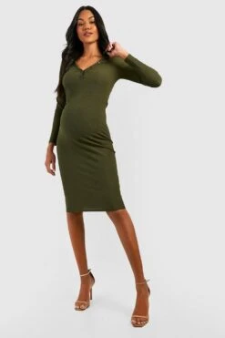 Maternité - Robe De Grossesse Côtelée Boutonnée -BOOHO Kleidung Magasin gzz48503 khaki xl 2