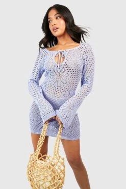 Petite - Robe Courte Fleurie En Crochet à Manches évasées -BOOHO Kleidung Magasin gzz48584 baby20blue xl 2