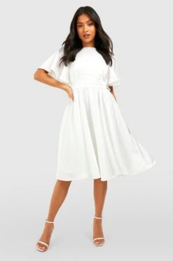 Petite - Robe Mi-longue Satinée à Manches Volantées En Tissu Premium -BOOHO Kleidung Magasin gzz48916 ivory xl 2
