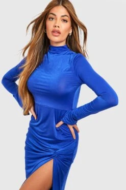 Robe Mi-longue Fendue à Col Montant -BOOHO Kleidung Magasin gzz48985 cobalt xl 3