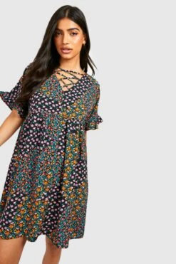 Maternité - Robe De Grossesse Babydoll Fleurie à Volants -BOOHO Kleidung Magasin gzz49005 black xl 2