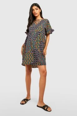 Maternité - Robe De Grossesse Babydoll Fleurie à Volants -BOOHO Kleidung Magasin gzz49005 black xl 3