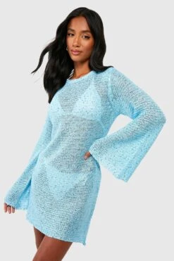 Petite - Robe Courte Pailletée En Crochet à Manches évasées