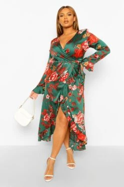 Grande Taille - Robe Portefeuille Fleurie à Volants -BOOHO Kleidung Magasin gzz49748 green xl 2
